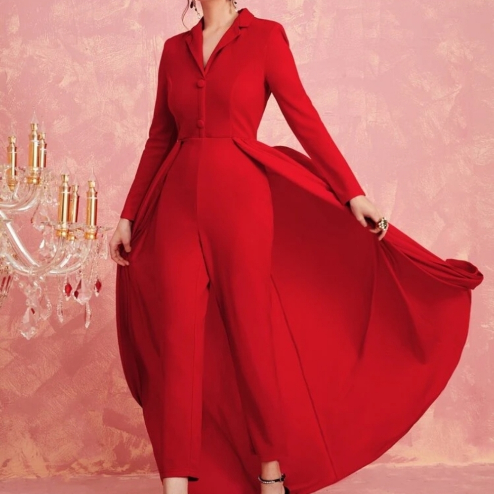 RedLapel Collar Solid Shirt Jumpsuit w/long Skirt